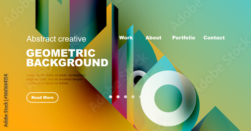Modern website header design. Vibrant colors, geometric shapes create abstract background. Navigation links present, text visible.