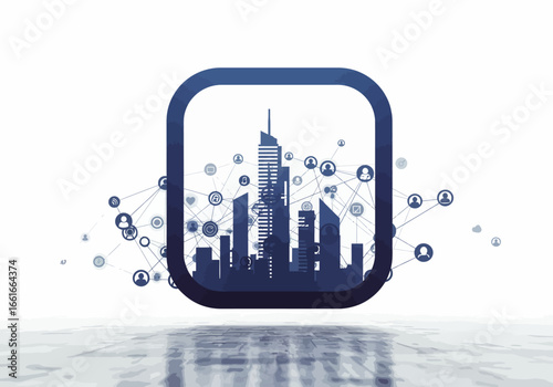 Stylized city skyline silhouette within a rounded square frame, surrounded by interconnected people icons, suggesting a social network or community concept.