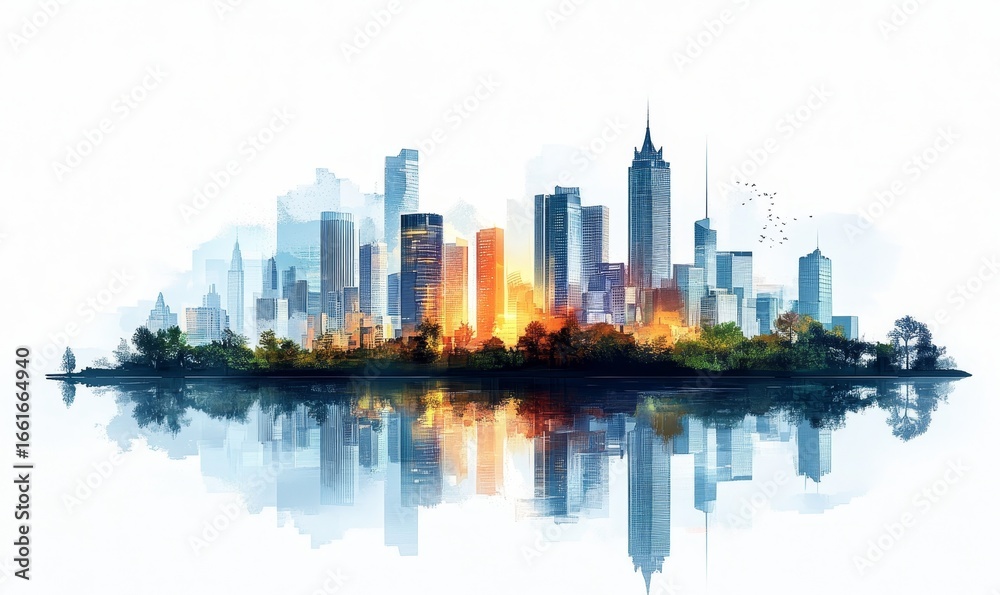 Fototapeta premium Stylized cityscape drawing with a focus on thriving skyscrapers and urban development, representing the themes of community, redevelopment, and urban expansion, capturing, Generative AI