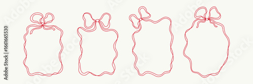 Whimsical wedding frame set with delicate red ribbon bows and wavy borders. Perfect decorative outline for invitations, greeting cards, romantic notes, scrapbook projects, and festive design elements.