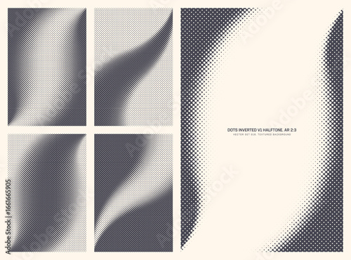 Assorted vector retro styled inverted dots halftone pattern set in vertical 2:3 aspect ratio including curved frame and various unique textures. Different offset print half tone design elements bundle