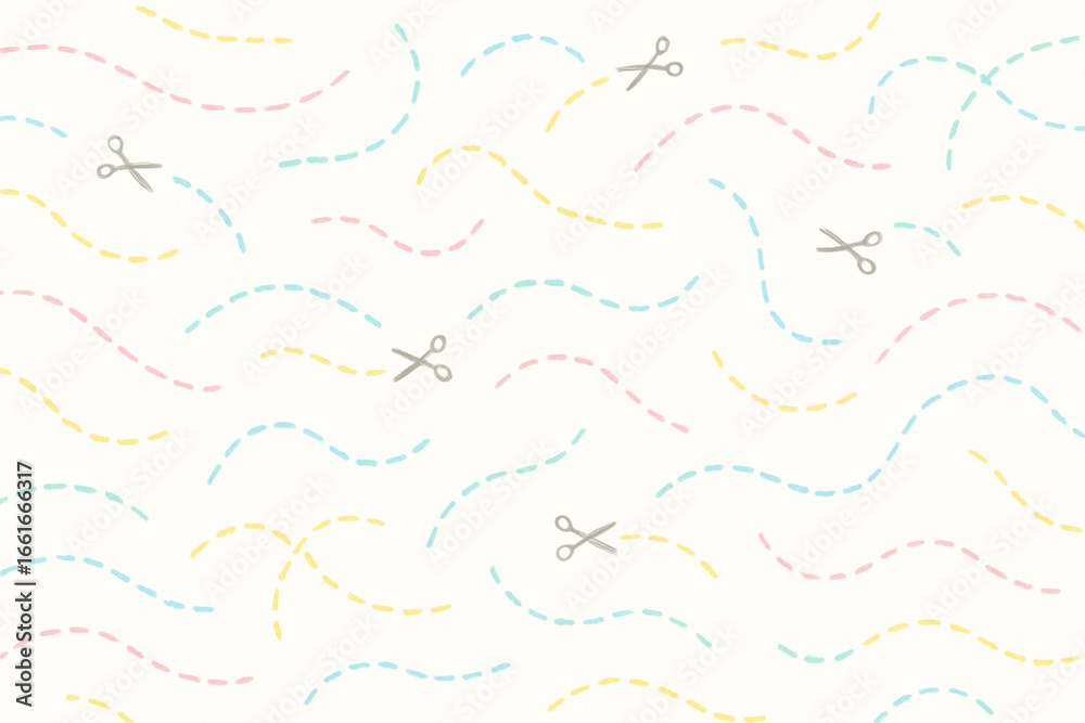 Naklejka premium Seamless pastel hand-drawn cutting line pattern with scissors