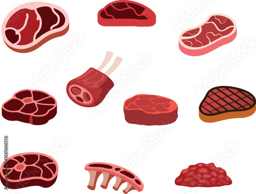 Various cuts of raw and cooked meat beef steak