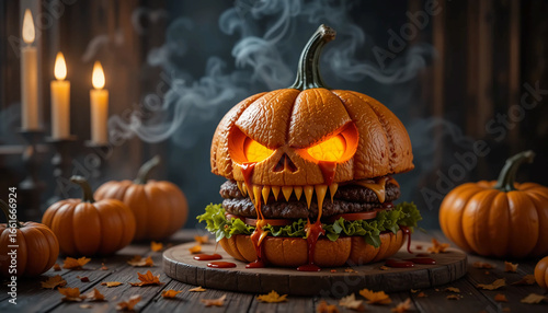 Photorealistic Halloween-themed burger designed as a scary carved pumpkin with glowing eyes and sharp fangs