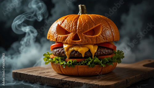 Close-up of a carved pumpkin used as a burger bun with angry face, cheese fangs, fresh vegetables