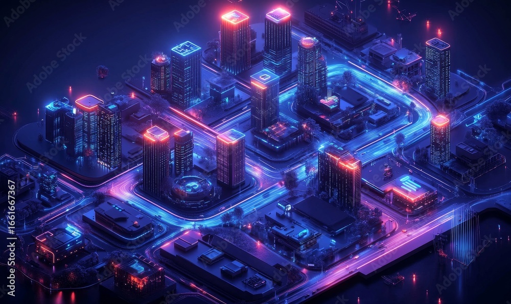 Fototapeta premium Futuristic smart city displayed on a dark blue background, showcasing intelligent infrastructure integrated with IoT, 5G, and AI technologies, presenting a vision of urban development, Generative AI