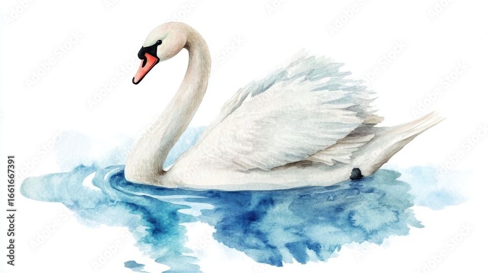 Fototapeta premium Watercolor illustration of a swan gracefully gliding on water.