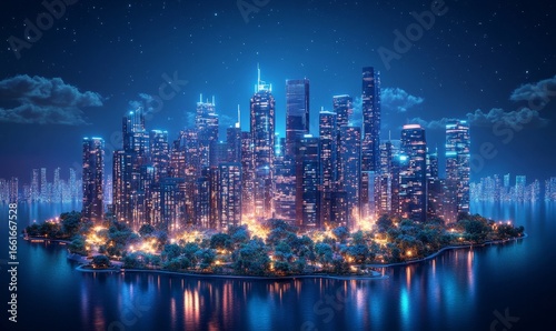 Wallpaper Mural Futuristic smart city displayed on a dark blue background, showcasing intelligent infrastructure integrated with IoT, 5G, and AI technologies, presenting a vision of urban development, Generative AI Torontodigital.ca