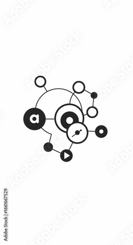 Abstract illustration of interconnected circles and lines, featuring symbols like a letter 'a' and a play button, in a minimalist black and white design.