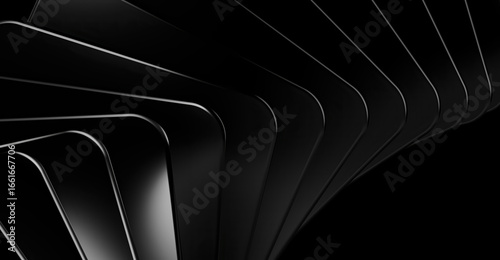 A dark and abstract spiral pattern with sleek, reflective surfaces, creating a sense of depth and movement