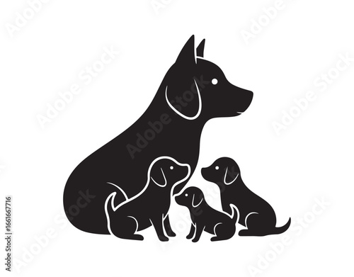 Dog and Puppies Icon. This vector illustration is 100% royalty-free and showcases the main icon in black set against a white square. You can also find alternative color options in blue and green.