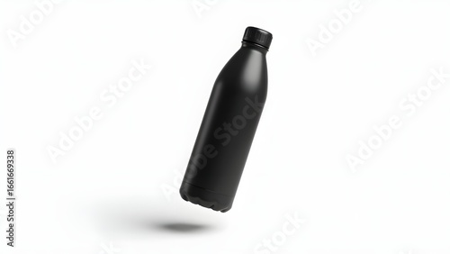 Minimal floating black water bottle mockup isolated on clean white background for packaging and branding