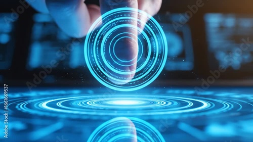 Human Finger Interacting with Glowing Blue Futuristic Holographic Touch Screen Activating Digital Data Circles