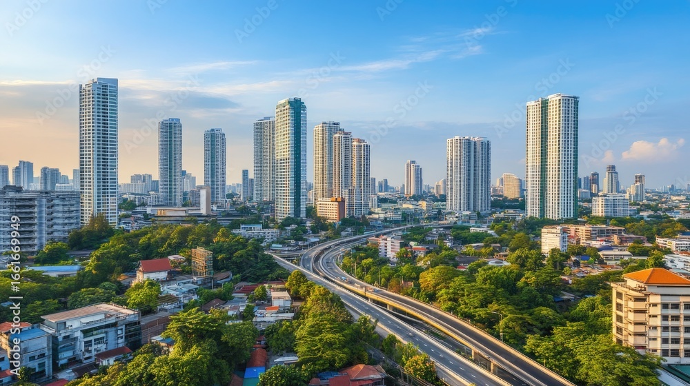 Fototapeta premium Top-down view of a modern expressway system in Bangkok, showing intersecting roads and elevated highways.