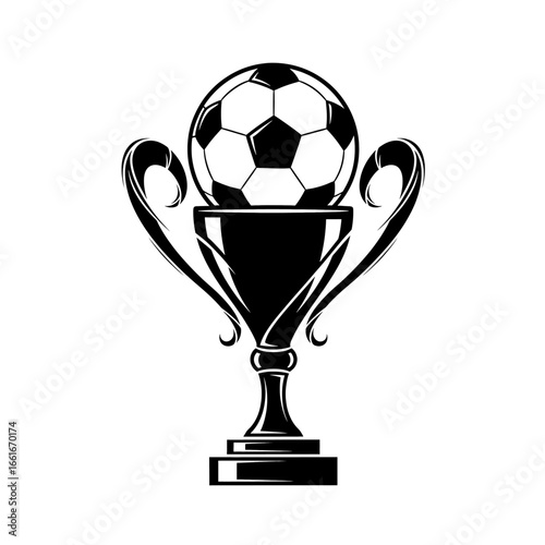 Soccer trophy Monochrome drawing Ball on pedestal with handles achievement celebration high quality professional