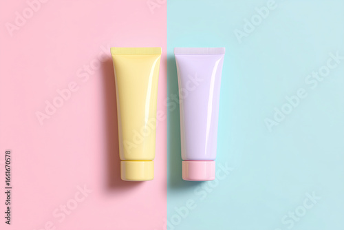 Wallpaper Mural Two pastel colored cosmetic tubes on a split pink and blue background pastel colors yellow Torontodigital.ca