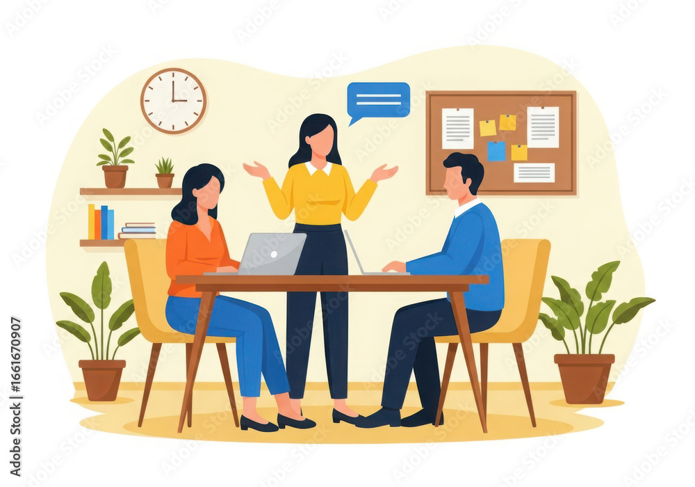 Fototapeta premium A flat illustration of Team members collaborating around a table, discussing project, planning strategies, and communicating ideas in a professional office setting