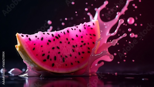 Vibrant dragon fruit slice splashing with pink juice