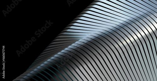 Abstract metallic waves with artistic lighting creating a modern industrial design and flowing texture. The image features flowing metal surfaces