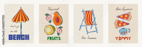 Hand drawn la dolce vita doodles. Wall art with pizza, chair, fruits icon. Minimalist line art. Set of mediterranean vector illustration for invitations, stationery, printables, social media, poster.