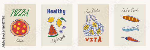 Hand drawn la dolce vita doodles. Wall art with pizza, fish, fruits icon. Minimalist line art. Set of mediterranean vector illustration for invitations, stationery, printables, social media, poster.