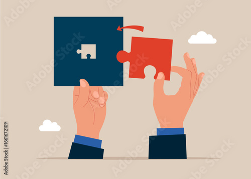 Different details don't match. Hands holding puzzles. Insufficient size of jigsaw puzzle. problem challenge. Flat vector illustration