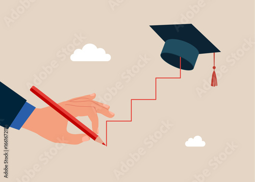 Human arm hold pencil draw stairs in academic mortarboard hat. Study abroad world education curriculum, overseas school, college and university. Step forward winning target mortarboard degree. MBA. 