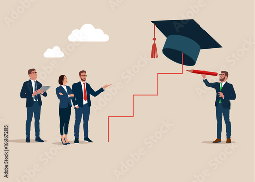 Student hold pencil draw stairs in academic mortarboard hat. Study abroad world education curriculum, overseas school, college and university. Step forward winning target mortarboard degree. MBA. 