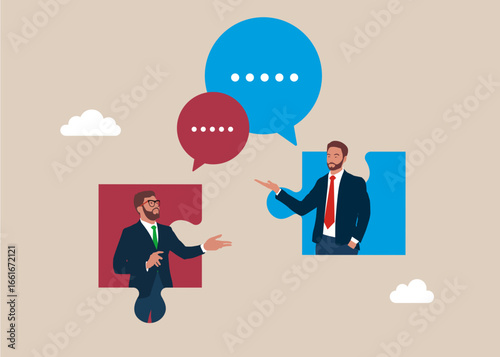 Discussing a project. Combination conversation speech. Online communication textboxes puzzle. Flat vector illustration