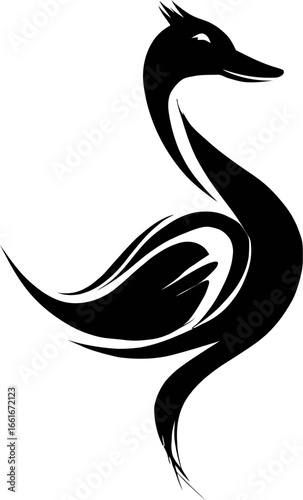 Duck silhouette standing side view, elegant wild bird vector illustration, detailed feather design, waterfowl animal artwork for logo, print, and tattoo
