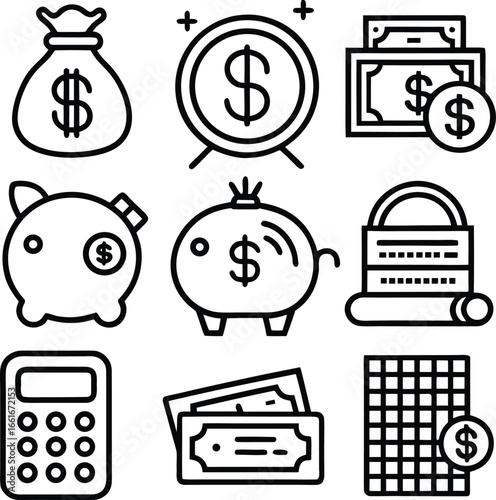 Collection of financial icons for budgeting and investment money bag piggy bank calculator and more