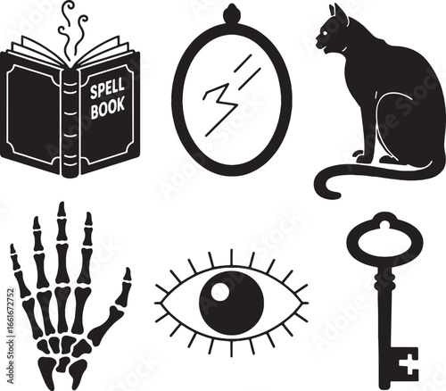 Mystical symbols including a spell book mirror black cat skeleton hand eye and key magic occult