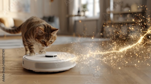 A tabby cat watches a robotic vacuum cleaner