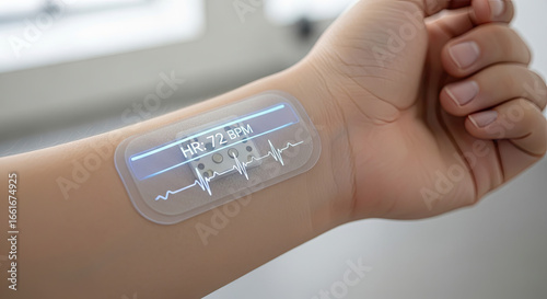 Close up of a person's wrist with a heart rate monitor patch displaying bpm and ekg data