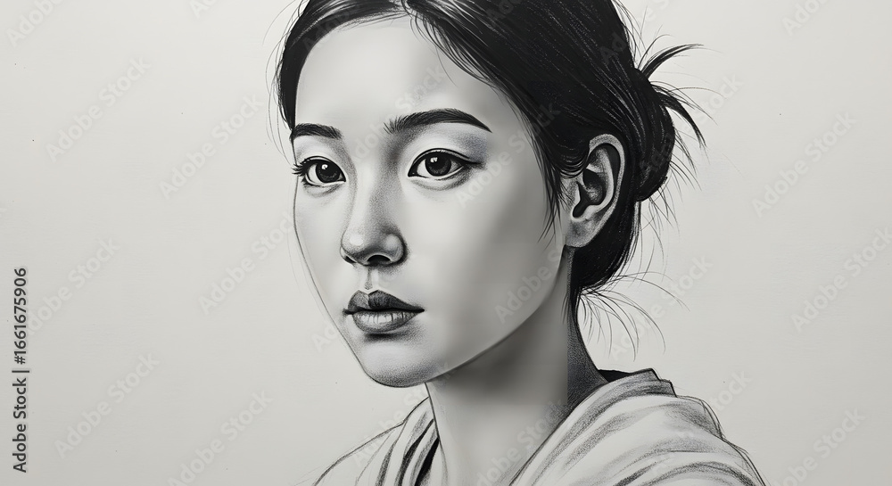 Fototapeta premium Serene Asian Woman Portrait: A graceful Asian woman gazes gently towards the viewer in this monochromatic portrait, her elegant features and soft expression capture a sense of quiet composure.