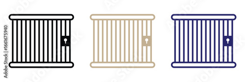 Jail cell bars vector symbol, prison bars gate icon, jail security icon in line style, clean vector jail cell icon with lock, representing imprisonment, punishment, and restricted freedom.