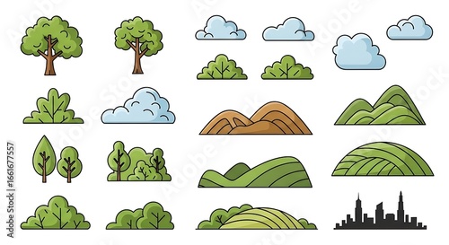 Vector Illustration of Nature Elements, Including Trees, Clouds, Hills, and Cityscape.