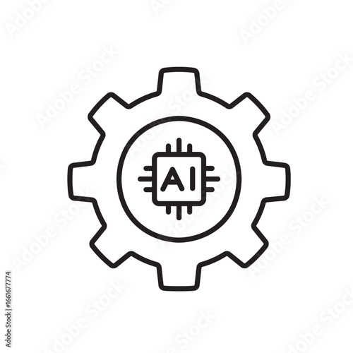 A vector icon of a gear with an AI chip in the center, symbolizing AI-powered settings or intelligent system configuration, created in line style with editable stroke