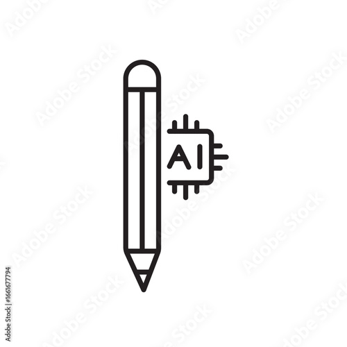 A vector icon of a pencil with an AI symbol, created in line style with editable stroke