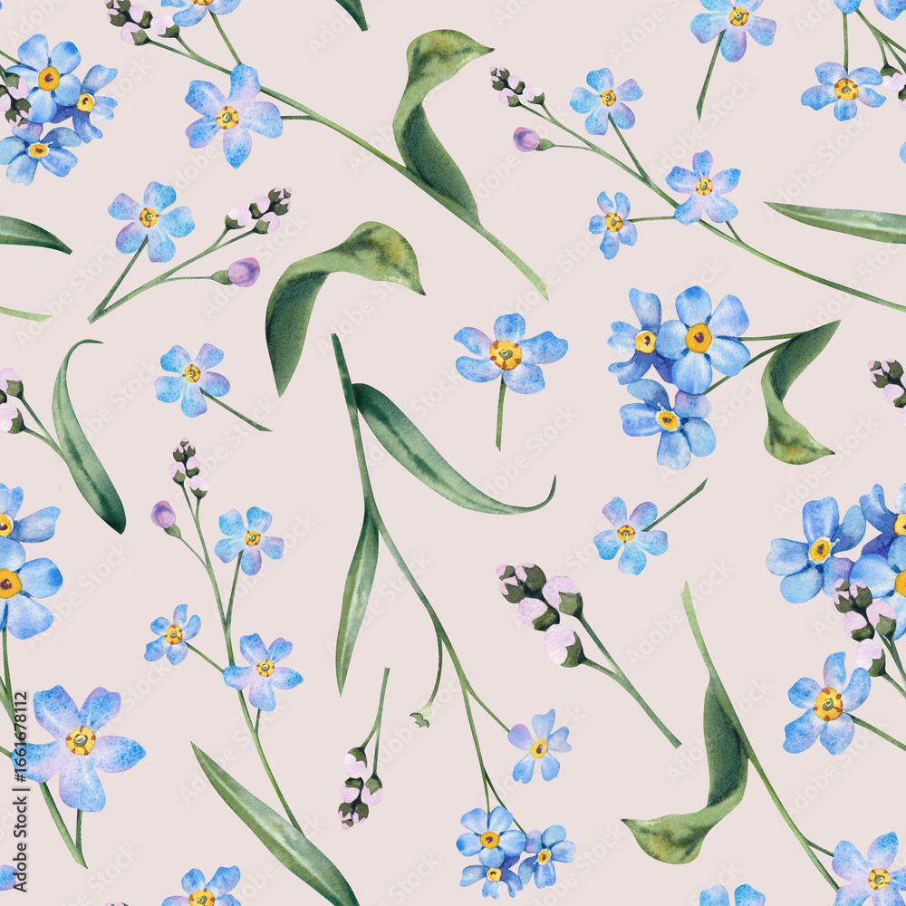 Fototapeta premium Forget-me-not wildflowers seamless pattern on a beige background. Hand-drawn botanical watercolor illustration. A light, fresh pattern for decor and textiles. A clipart for printing on fabric
