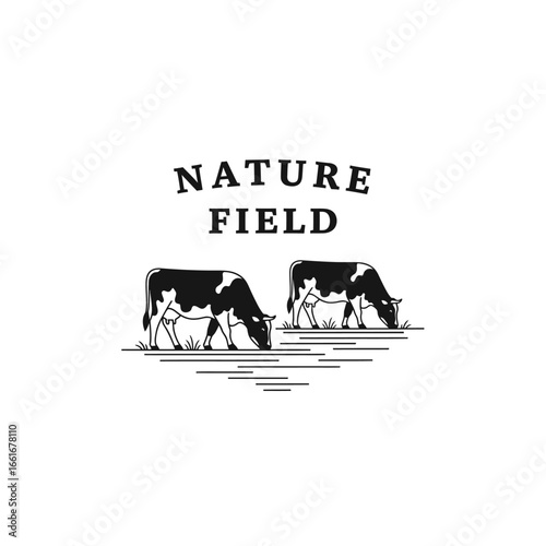 A minimalist logo depicting two cows peacefully grazing near a stream in a field.
