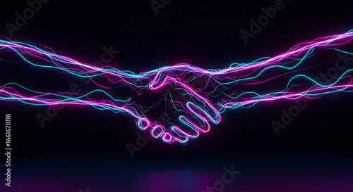 Digital handshake: A modern, neon-style illustration portrays a handshake, symbolizing agreement and collaboration in a contemporary and tech-driven context. 