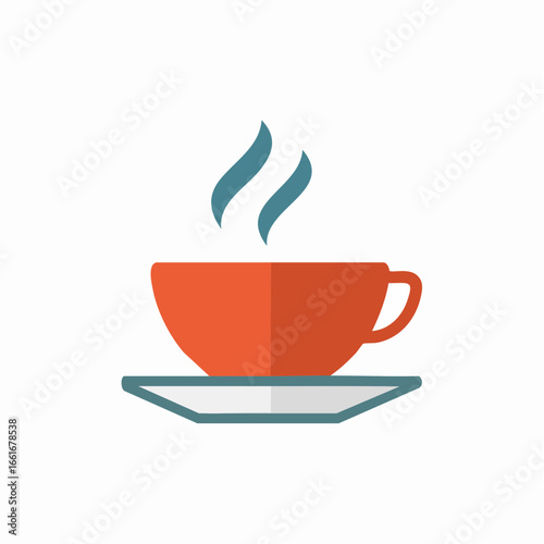 Warm beverage in a cup with steam emanating above placed on a matching saucer, simple drink in appealing illustration