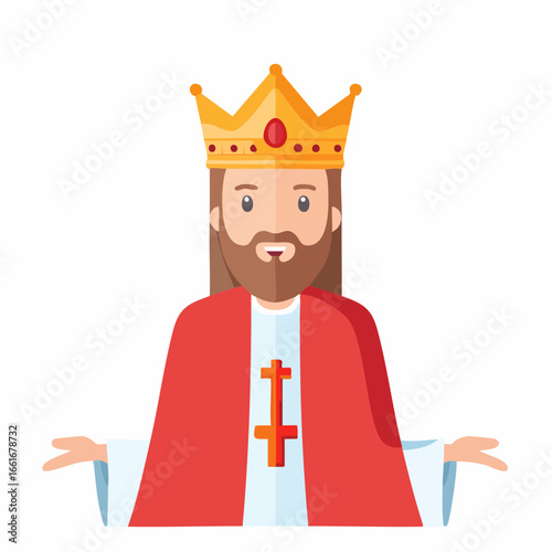 King with Golden Crown and Red Robe Offering a Welcome Gesture