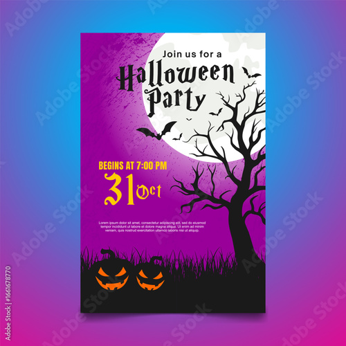 Halloween party flyer with full moon, spooky tree, bats, and glowing pumpkins on purple background.