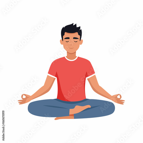 Young man meditating in lotus position with closed eyes and serene expression