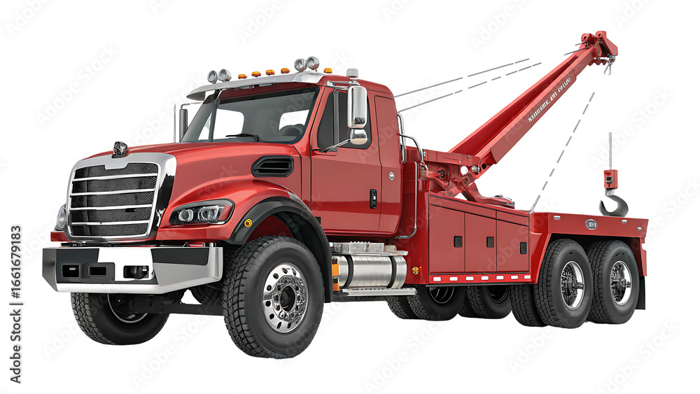 Naklejka premium Powerful red heavy duty tow truck with dual rear wheels ready for roadside assistance