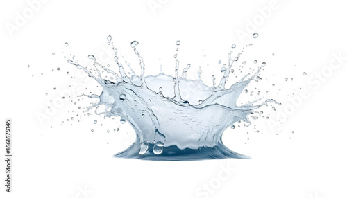 A high-resolution PNG of a realistic water splash explosion frozen in motion on a white background. Droplets flying outward with sharp clarity.