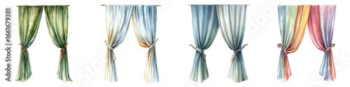 Watercolor Collection of Draped Curtains in Various Colors and Styles, Perfect for Interior Design and Decor Projects PNG set Transparent backround