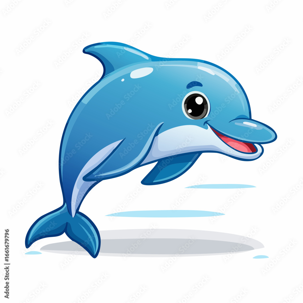 Obraz premium Smiling Dolphin Illustration: A cheerful blue dolphin, animated and full of life, swims playfully, creating a vibrant scene of aquatic joy.